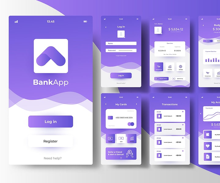 Mobile banking application interface screens
